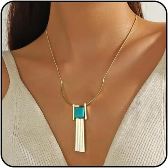 Art Deco-Inspired Turquoise Bar Pendant Necklace Western Bohemian Vintage - Picture 1 of 4